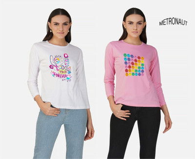 METRONAUT Printed Women Round Neck White, Pink T-Shirt
