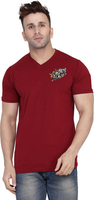 Blisstone Printed Men V Neck Maroon T-Shirt