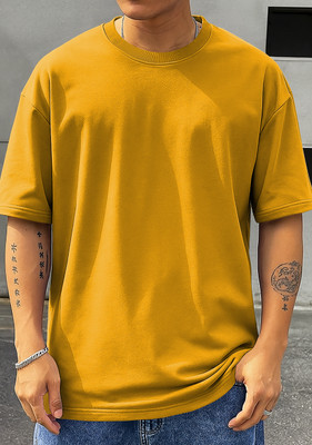 TeeBrozz Solid Men Round Neck Yellow T-Shirt