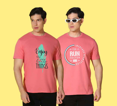 WOOSTRO Printed Men Round Neck Pink T-Shirt