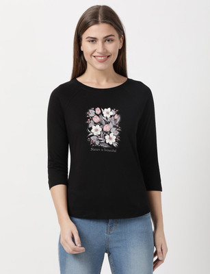 JOCKEY Typography Women Round Neck Black T-Shirt
