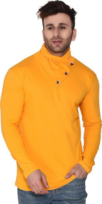 GEUM Solid Men High Neck Yellow T-Shirt