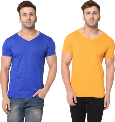 Tresna Trendy Solid Men V Neck Blue, Yellow T-Shirt