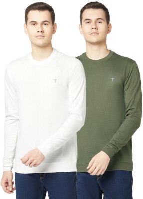 TT Solid Men Round Neck White, Green T-Shirt