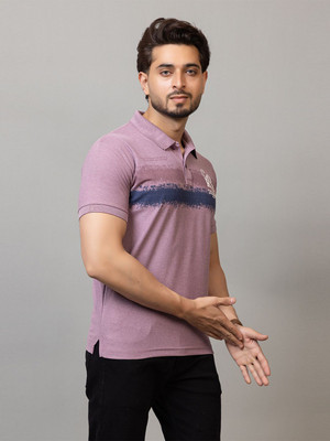 RosyRains Printed Men Polo Neck Purple T-Shirt