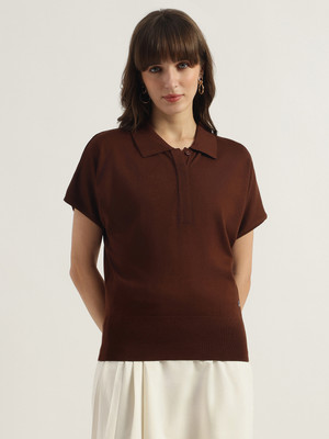 United Colors of Benetton Solid Women Polo Neck Brown T-Shirt
