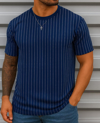 SCUBA Striped Men Round Neck Dark Blue T-Shirt