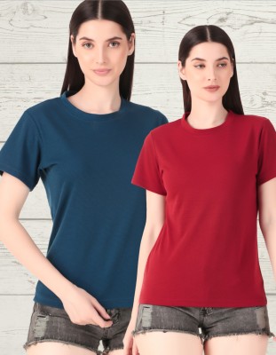 HILFIRE REGION Solid Women Round Neck Dark Blue, Maroon T-Shirt