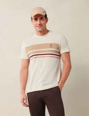 U.S. POLO ASSN. Striped Men Round Neck Beige T-Shirt