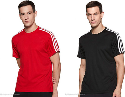 OctaBox Striped Men Round Neck Red, Black T-Shirt
