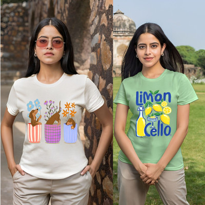 Kasendra Printed Women Round Neck White, Green T-Shirt