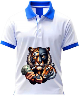 Yugavarshan Printed Men Polo Neck Black, Navy Blue T-Shirt