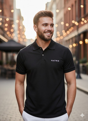 NATRIS Solid Men Polo Neck Black T-Shirt