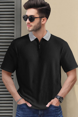TRIPR Self Design Men Polo Neck Black T-Shirt