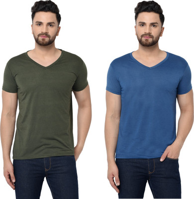 Tresna Trending Solid Men V Neck Dark Blue, Dark Green T-Shirt