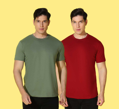WOOSTRO Solid, Printed Men Round Neck Maroon, Grey T-Shirt
