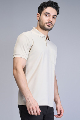 Maxzone Solid Men Polo Neck Beige T-Shirt
