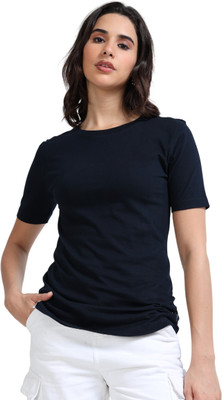 estuna Solid Women Round Neck Black T-Shirt