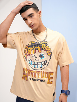 HIGHLANDER Printed, Typography Men Round Neck Beige T-Shirt