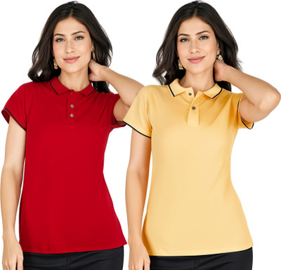 SHAUN Solid Women Polo Neck Multicolor T-Shirt