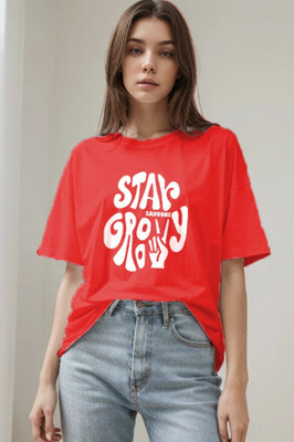 etsun Typography Women Round Neck Red T-Shirt