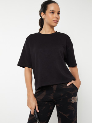 MAX Solid Women Round Neck Black T-Shirt