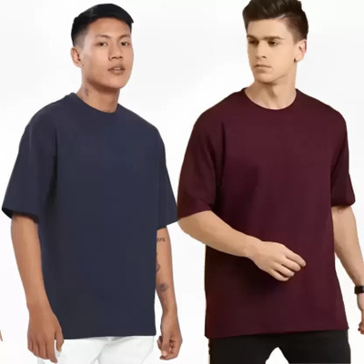 Earthstick Solid Men Round Neck Navy Blue, Maroon T-Shirt
