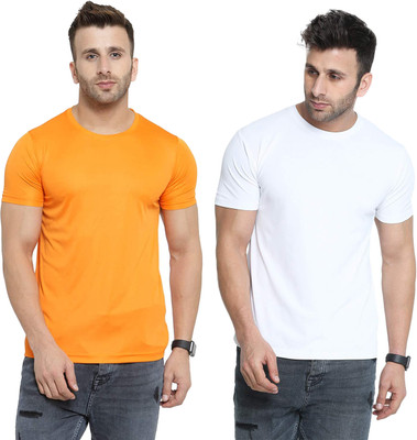 Renowned Solid Men Round Neck Yellow, White T-Shirt