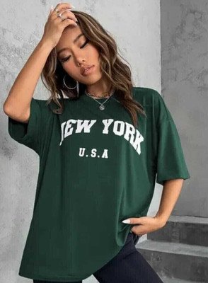 OVER SIZE Printed Women Round Neck Green T-Shirt
