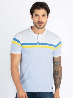 Status Quo Striped Men Polo Neck Blue T-Shirt