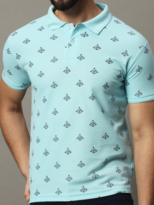 SINDHIGARMENT Printed Men Polo Neck Light Blue T-Shirt