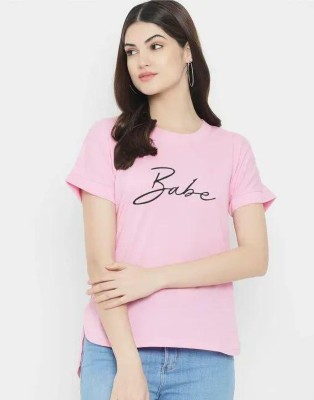 Madhav Creation Typography Women Round Neck Pink T-Shirt
