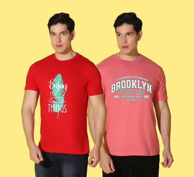 WOOSTRO Printed Men Round Neck Red, Pink T-Shirt