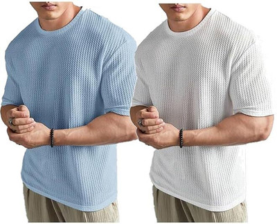 At Last Fashion Self Design Men Round Neck White, Light Blue T-Shirt