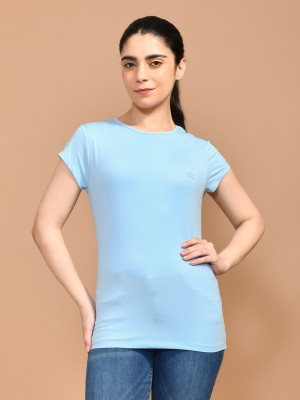 SKYKNIT Solid Women Round Neck Light Blue T-Shirt