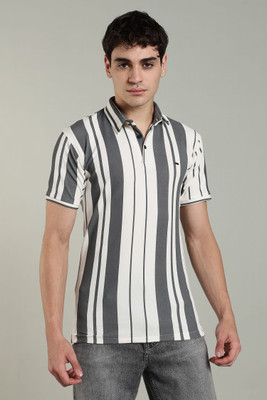 Vividvibe Self Design Men Polo Neck Grey T-Shirt