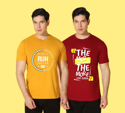 WOOSTRO Printed Men Round Neck Yellow, Red T-Shirt