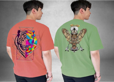 Lecowar Graphic Print Men Round Neck Green, Orange T-Shirt