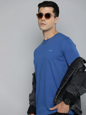 R.Code by The Roadster Life Co. Solid Men Round Neck Blue T-Shirt