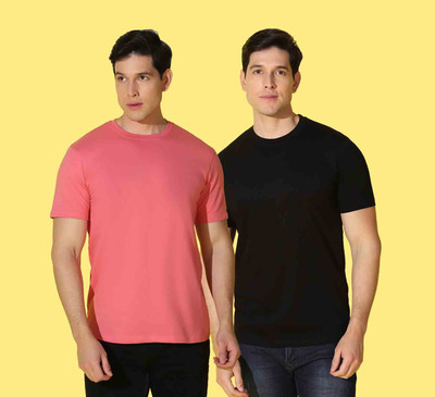 WOOSTRO Solid Men Round Neck Black, Pink T-Shirt