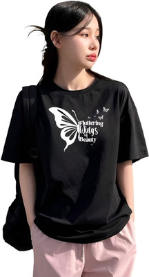 FLUFFYY ENTERPRISE Printed Women Round Neck Black T-Shirt