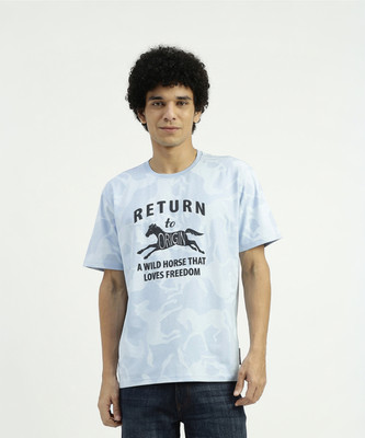 United Colors of Benetton Printed, Typography Men Round Neck Blue T-Shirt