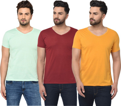 JB Jangoboy Solid Men V Neck Maroon, Yellow, Light Green T-Shirt