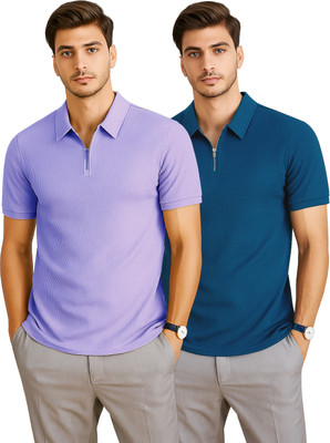 RMLKN Self Design Men Zip Neck Blue, Purple T-Shirt