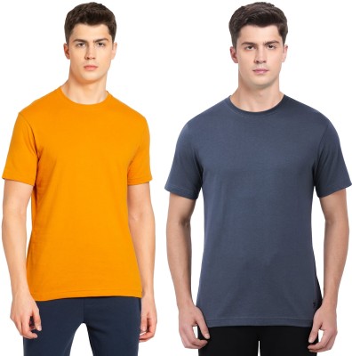 JOCKEY Solid Men Round Neck Yellow, Dark Blue T-Shirt