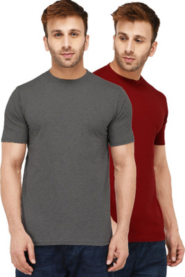Kroptee Solid Men Round Neck Maroon, Grey T-Shirt