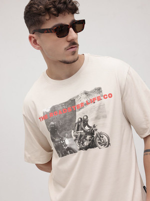 Roadster Printed Men Round Neck Beige T-Shirt