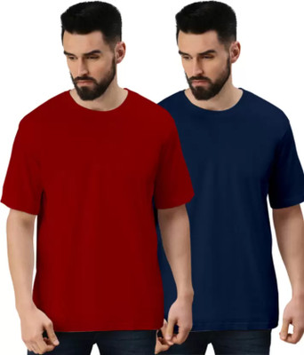 Bokaro Solid Men Round Neck Maroon, Navy Blue T-Shirt