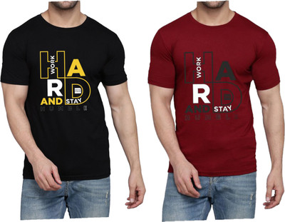 WOOSTRO Printed Men Round Neck Black, Maroon T-Shirt
