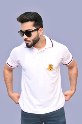 AZYXREN Self Design Men Polo Neck White T-Shirt